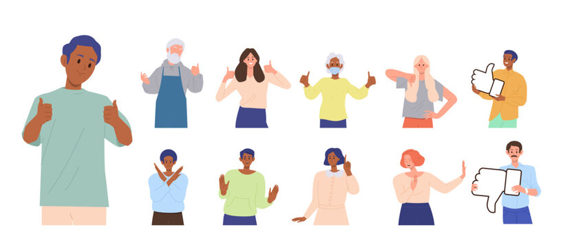 Diverse young adult and senior people cartoon characters showing positive and negative gesture
