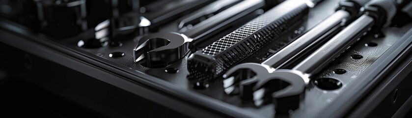 Close-up of sleek black wrenches arranged in an organized toolset, emphasizing precision and modern industrial design