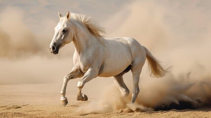 A beautiful white horse gallops across the sand in the desert. Fast speed. A beautiful purebred noble animal. Horse breeding concept. Wild stallion. Thoroughbred mare.