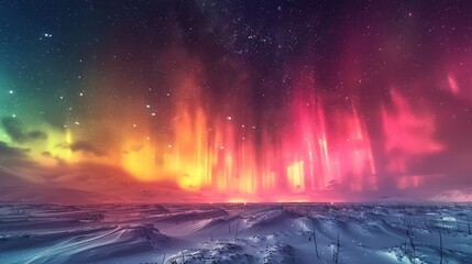 Astronomy Background, Northern lights casting a glow on snowy fields with the vibrant colors of the aurora creating a serene and magical winter landscape. Illustration image,