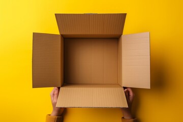 a woman holding a cardboard box on a yellow background