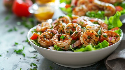 Freshly tasty healthy close up shrimp louie salad with tomatoes onions lettuce - Powered by Adobe