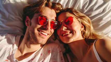 A man and a woman are lying on a bed, both wearing red sunglasses