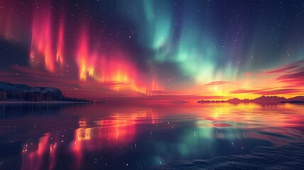 Astronomy Background, Northern lights reflecting in a calm lake with vibrant colors creating a mirror image on the water, ideal for nature and science backgrounds. Illustration image,
