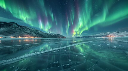 Astronomy Background, Northern lights visible over an icy landscape with the vibrant aurora reflecting on the frozen surface creating a stunning and serene scene. Illustration image,
