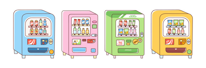 Colorful vending machines set. Vector illustration of cute automated machines selling snacks and drinks like soda, juice, chips and chocolate. Trendy flat style. Isolated elements on white background.