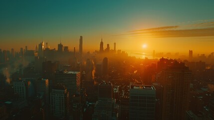 A photo realistic uhd picture of new york skyline from a high sky rise building in the sunrise time.  - Powered by Adobe