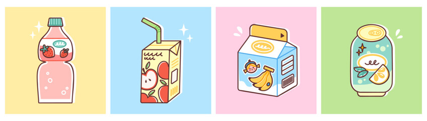 Sweet soft drinks set. Vector illustration of strawberry and apple juices, banana milk and lemon soda. Fresh cold beverages in cute packaging. Colorful flat style.
