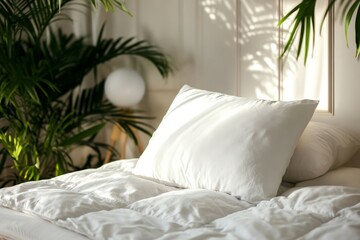 a bed with white pillows and a plant in the background