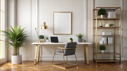 Home Office Frame Mockup – Brass Frame: A modern home office with a brass frame on a white wall, suitable for contemporary and elegant artwork presentations.

