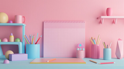 3d rendering concept colorful themes of back to school . educational background with copy space surround by kids merchandise catalog, calendar , pens, erasers, books , childlike, desk,  School supply