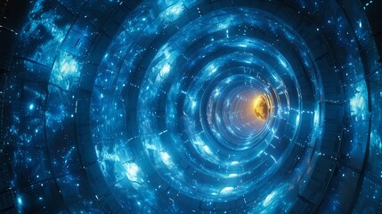 Abstract blue and yellow swirling tunnel with light at the end.