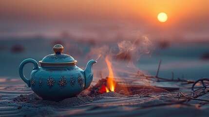 oriental teapot heating on a campfire in the desert dunes at sunset.illustration