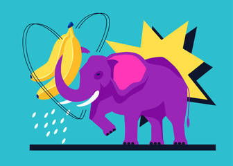 Elephant and bananas - modern colored vector illustration with large herbivore from Asia and Africa that feeds on ripe yellow fruits. Summer travelling and vacation in distant countries idea