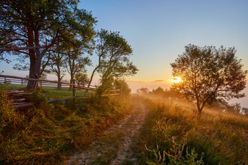 Mountain valley during sunrise. Natural landscape