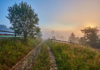 Beautiful dreamy autumn sunrise rural scenery. Haystacks and trees on a mountain hill with fog.