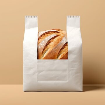 Craft packaging for bread on a wooden table. Mockup for logo