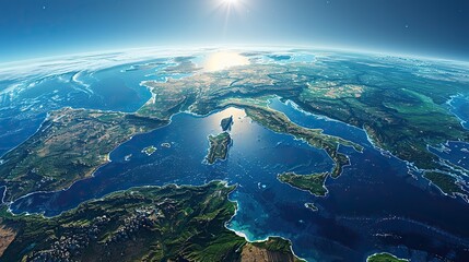 physical map of planet earth focused on mediterranean sea satellite view of southern europe and north africa sun shining on the horizon elements of this image furnished .illustration stock image