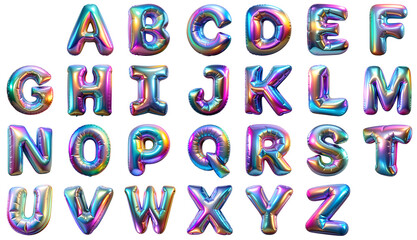 Alphabet in the shape of 3D balloons with a glossy holographic finish in vibrant colors on a...