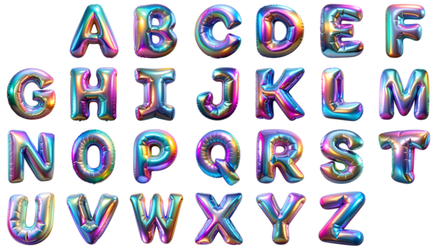 Alphabet in the shape of 3D balloons with a glossy holographic finish in vibrant colors on a transparent background.