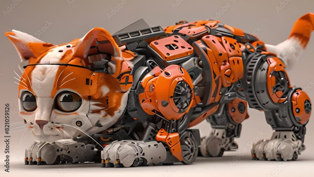 Poster this orange and black robot cat stands on a white surface. orange and black robot cat on white surfa