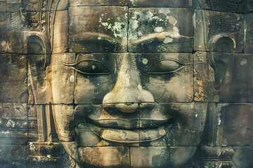 smiling face ancient of bayon in angkor thom cambodia AI