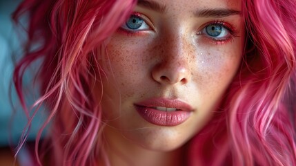Fototapeta premium glamorous pretty woman with beautiful wavy pink hair mysterious and sensual attitude .stock photo