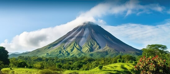 Majestic Volcano Amidst Lush Greenery and Blue Sky
