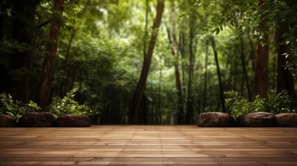 Fototapeta premium Natural wooden stage, forest escape, close up, focus on the texture, theme of simplicity, dynamic, blend mode, backdrop of leafy surroundings