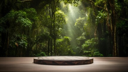 Circular wooden stage, natures embrace, selective focus, theme of harmony, vibrant, Composite, backdrop of green forest