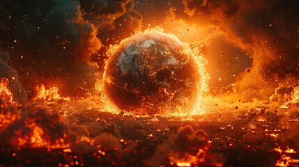Fototapeta premium earth globe collapse burning destroyed by fire conceptual illustration of global warming caused by the excesses of the world of finance and industry .illustration stock image