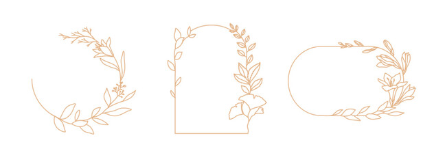 Set of different floral frame from flat editable stroke. Luxury line floral collection for wedding invitation art, design template of save the date card