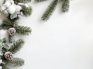 Winter Pine Branches with Snow and Pine Cones, christmas concept, copy space, flat lay, top view