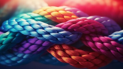 Colorful intertwined rope, cooperation and resilience, close up, focus on the knot, theme of togetherness, vibrant, blend mode, backdrop of gradient shadows