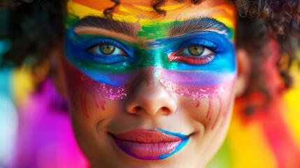 A close-up of a person with colorful rainbow face paint, showcasing a joyful expression