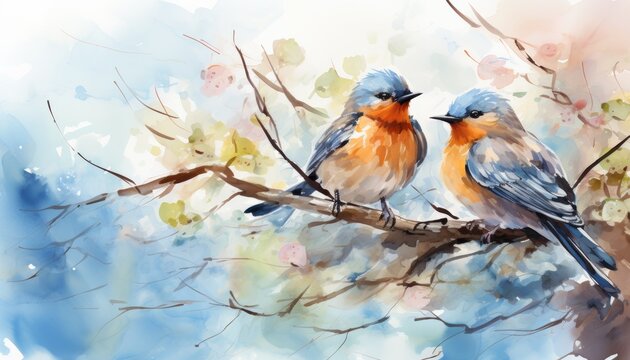 Beautiful watercolor painting of two birds perched on a branch, surrounded by soft pastel colors. Perfect for nature and art lovers.