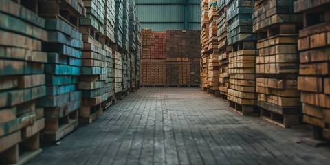 Stacked wooden pallets create an organized, symmetrical pattern down an empty warehouse aisle
