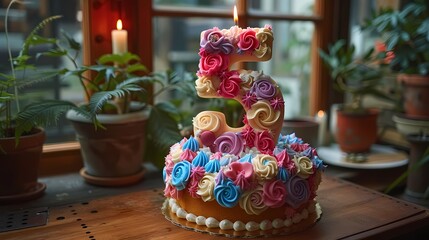 An elegant birthday candle molded into the shape of the number "5," standing tall on a cake, with soft focus background enhancing its beauty
