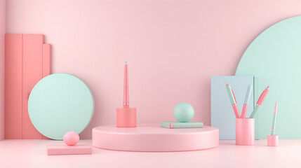 3d rendering concept colorful themes of back to school . educational background with copy space surround by kids merchandise catalog, calendar , pens, erasers, books , childlike, desk,  School supply