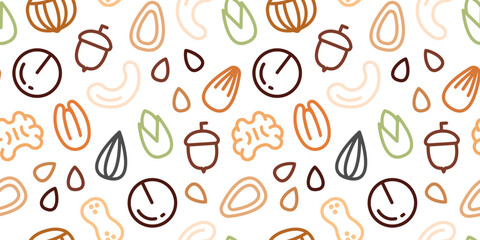 Nut seamless pattern. Flat line icons background with hazelnut, pecan, almond, chestnut, macadamia, pumpkin seeds, pistachio, walnut, peanut. Organic Food. Vector repetition background