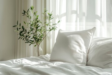 Cozy Bedroom with White Bedding and Green Plant