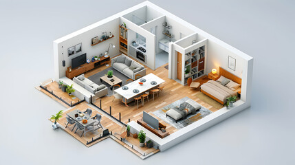 Modern and Spacious Open Floor Plan Living Area Concept in 3D Flat Icon   Ideal for Home Sale Listing in Cartoon Style