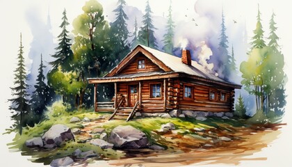 Obraz premium Charming watercolor of a cozy wooden cabin in a forest setting, perfect for relaxation and immersion in nature.