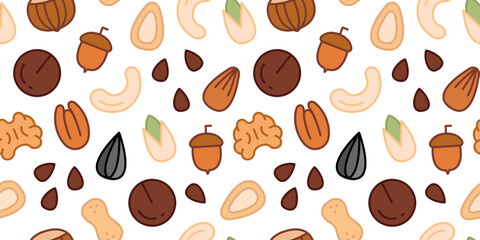 Seamless Pattern with Nuts and Seeds. Background with Various Nuts. Peanuts, Pistachios, Almonds, Hazelnuts, Walnuts, Pecans, Cashews. Vector illustration in flat style