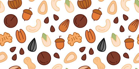 Seamless Pattern with Nuts and Seeds. Background with Various Nuts. Peanuts, Pistachios, Almonds, Hazelnuts, Walnuts, Pecans, Cashews. Vector illustration in flat style © Lyona