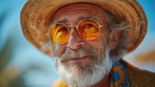 An ebullient senior hipster with a dazzling grin exudes a carefree and optimistic aura against an azure backdrop, epitomizing the vibrant vitality of golden years..stock photo