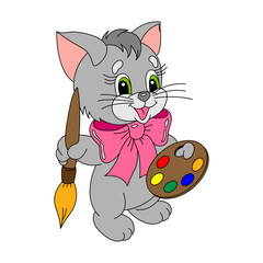 Cartoon kitten painter with palette and brush. Stock vector 