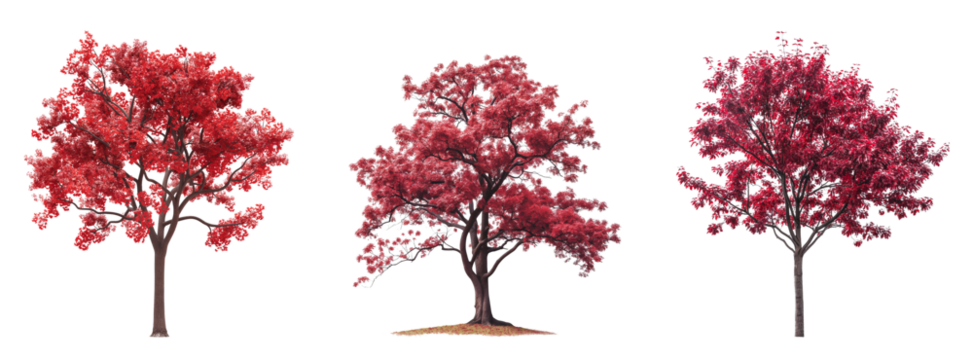 Collection of Red trees with branches and leaves isolated transparent or white background