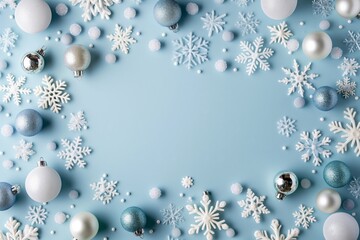 christmas decorations on blue background, christmas concept, copy space, flat lay, top view