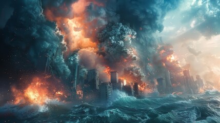 A dramatic apocalyptic scene featuring a city engulfed in flames and smoke, with turbulent waves crashing into the devastated buildings.